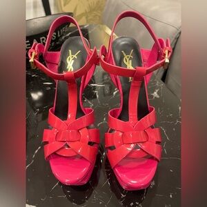 Saint Laurent Hot Pink Patent Leather T-Strap Platform Heels
